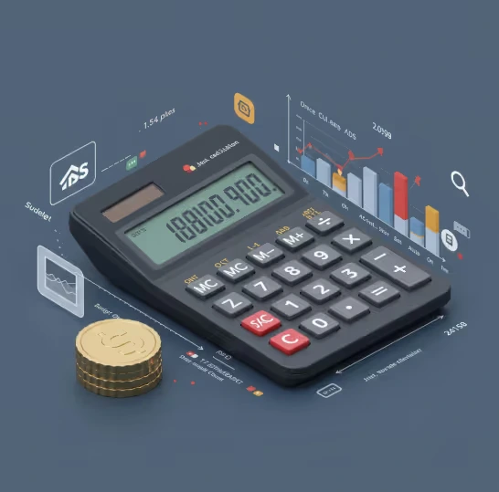 A desk calculator surrounded by bar charts, a stack of coins and search and ads icons