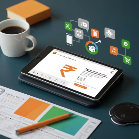 A tablet on a desk showing an ecommerce profitability calculator marked with a rupee symbol, ringed by store and delivery icons