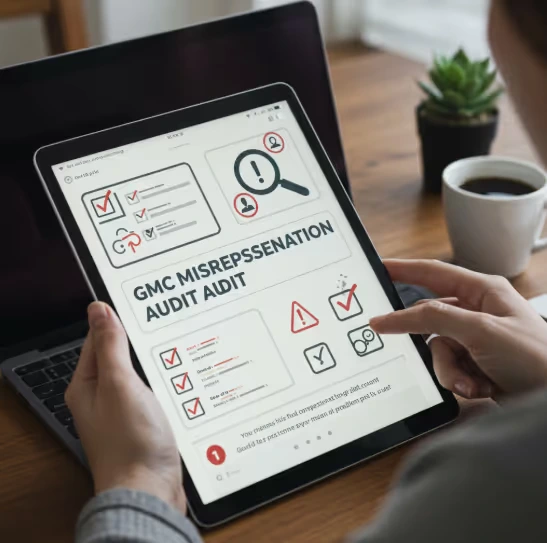 Hands holding a tablet showing a Merchant Center misrepresentation audit checklist, items ticked off in red